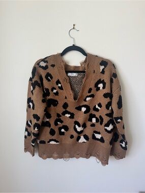 Krush Brown Leopard V-Neck Distressed Knit Sweater
